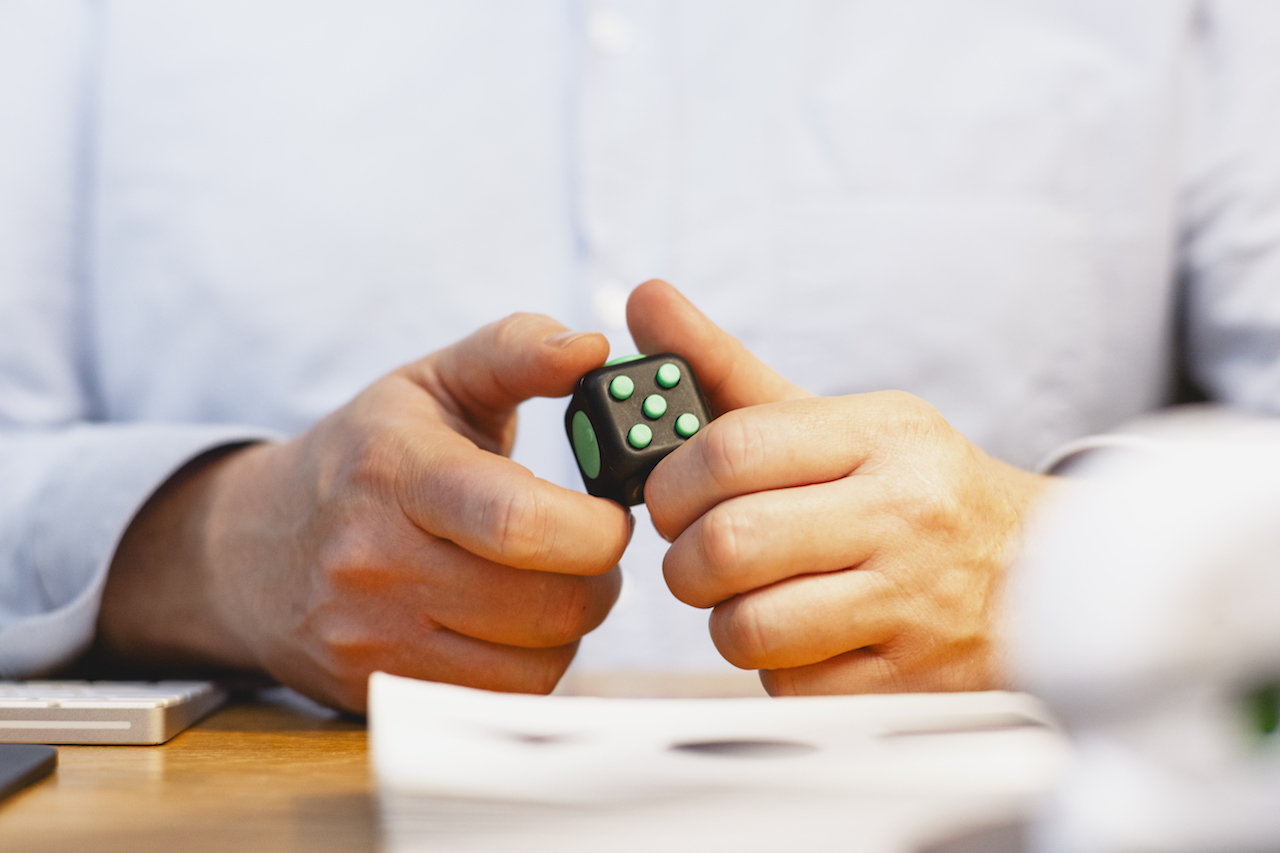 Fidget cube on Joe Branton's desk at Grow, Norfolk